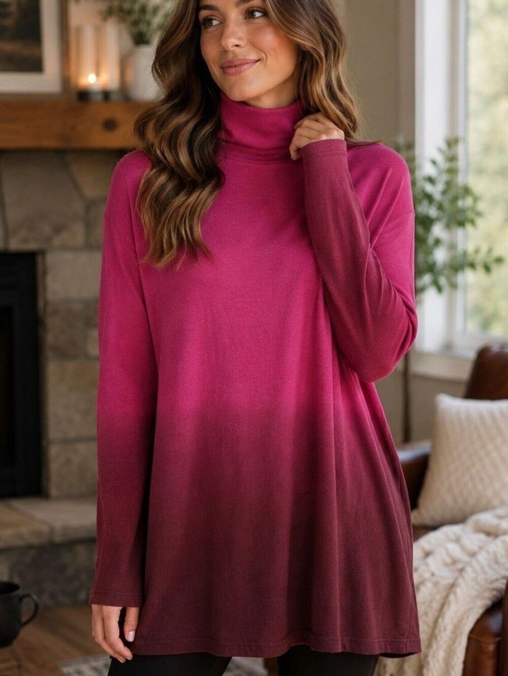 New Nic+Zoe 1X $188 Pink Maroon Ombre Cashmere Blend Mock Neck Tunic Sweater